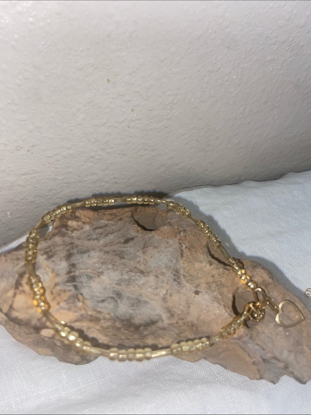 Vintage 90s Gold Glass Beaded Anklet with Brass Heart Charm